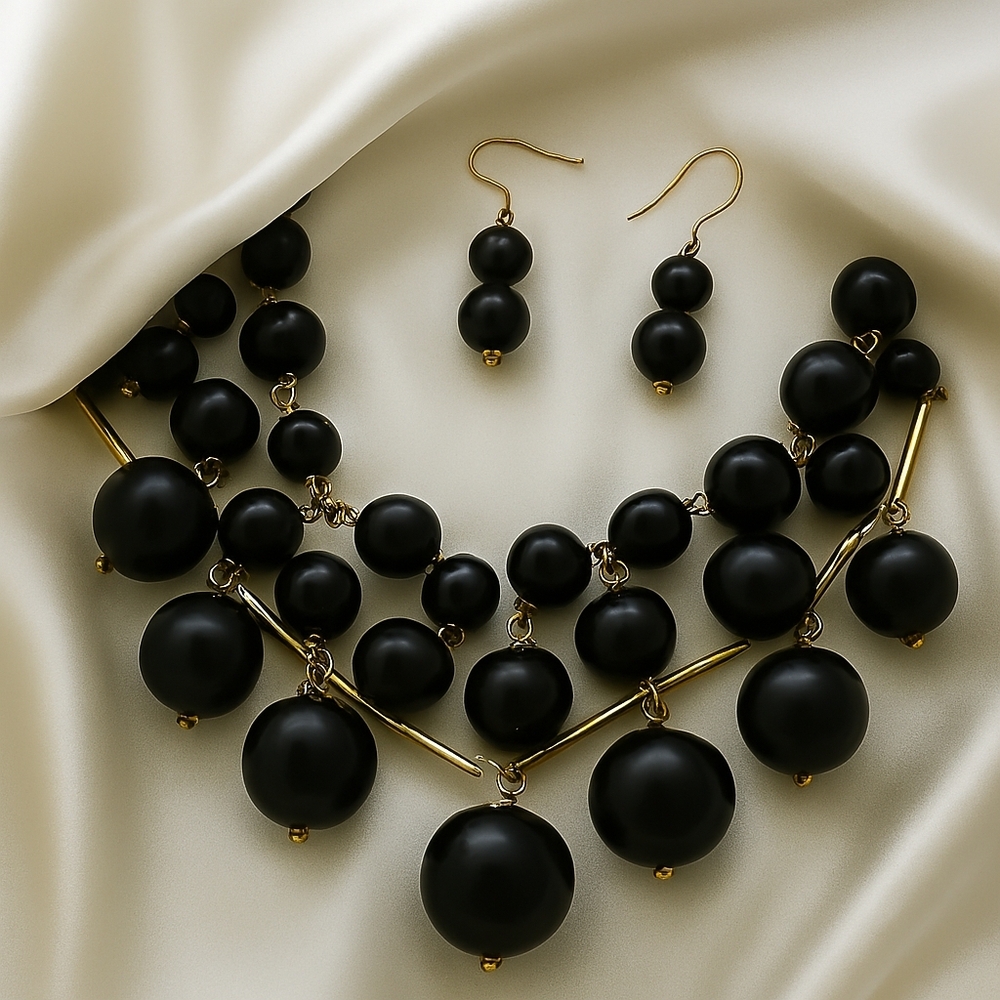 Black Onyx Beaded Necklace & Earrings Set – Gold Accents - Fashion Jewelry - 18"